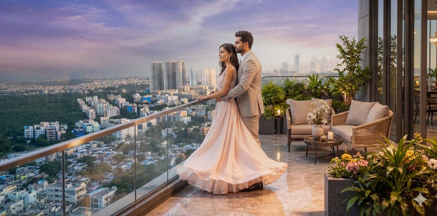A couple standing on a private balcony overlooking the city at dusk, artist's impression