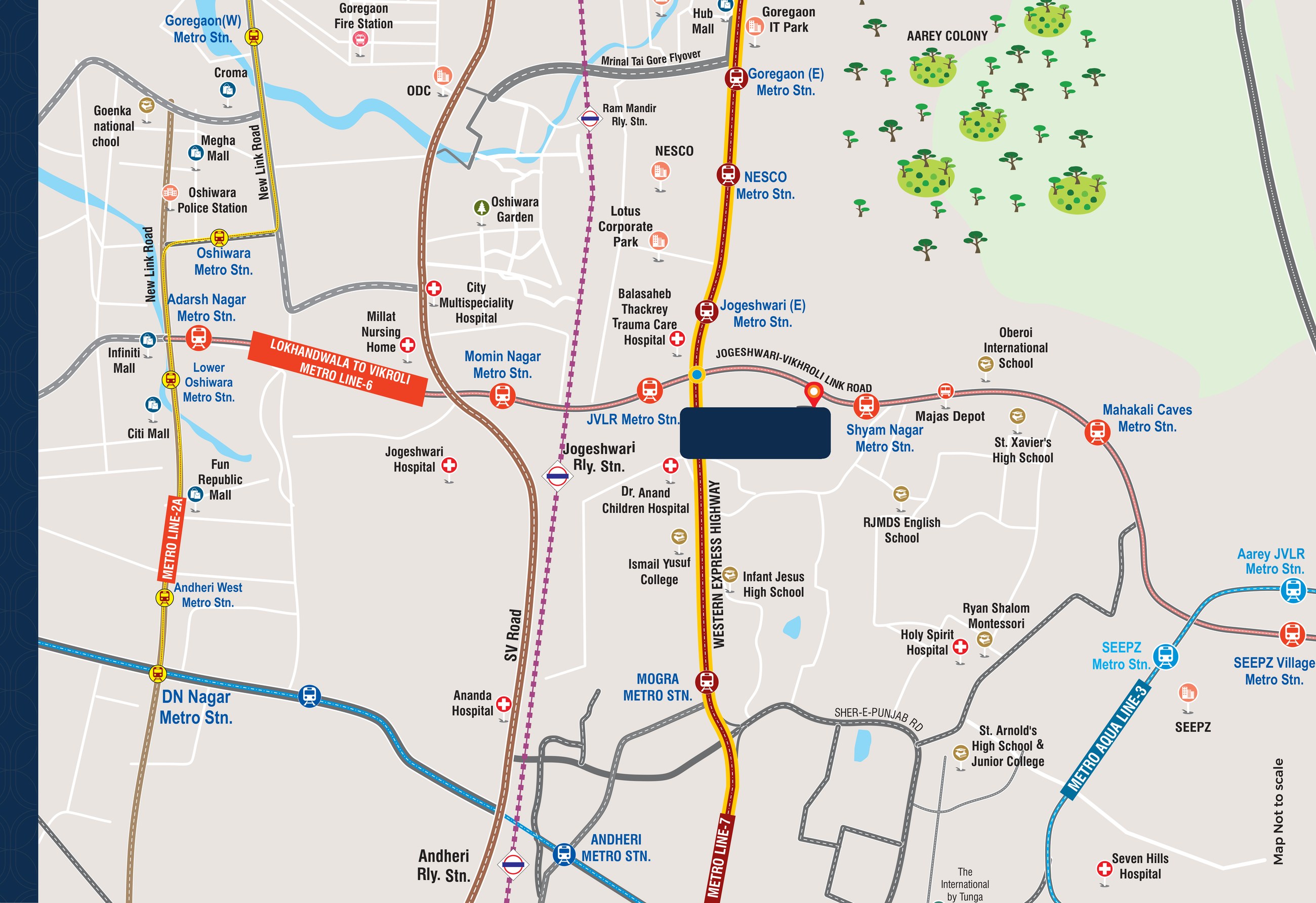Map showing The Summit Residences on JVLR with drive times to nearby metro stations, schools, hospitals and malls